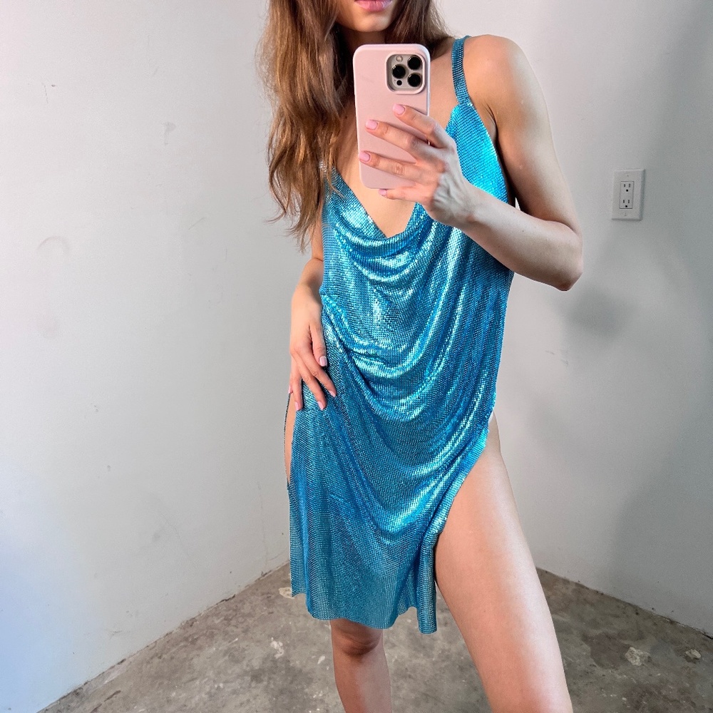 Turquoise Chainmail Mini Dress
